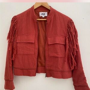 Jack by BB Dakota  boho 100% cotton Women's Red Bomber Jacket with Fringe